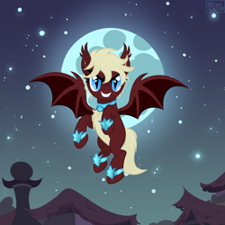 Size: 3000x3000 | Tagged: safe, artist:ghostpikachu, imported from derpibooru, oc, oc only, oc:trinity, bat pony, pony, undead, vampire, vampire bat pony, vampony, base used, bat wings, chest fluff, fangs, female, flying, jewelry, mare, mlp fim's fourteenth anniversary, moon, moonlight, necklace, night, nightmare night, outdoors, solo, spread wings, wings