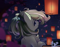 Size: 4090x3186 | Tagged: safe, artist:erenrat_yun, imported from derpibooru, oc, oc only, oc:amagi, earth pony, looking at you, looking back, looking back at you, night, sky lantern, solo