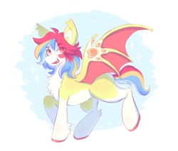 Size: 3129x2666 | Tagged: safe, alternate version, artist:kaijulii, imported from derpibooru, oc, oc only, oc:pequeña piñata, bat pony, :d, bat pony oc, bat wings, colored wings, messy hair, messy mane, multicolored hair, multicolored mane, multicolored tail, multicolored wings, open mouth, open smile, orange eyes, paws, simple shading, smiling, solo, tail, wing paws, wings, yellow eyes, yellow fur