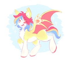 Size: 3129x2666 | Tagged: safe, alternate version, artist:kaijulii, imported from derpibooru, oc, oc only, oc:pequeña piñata, bat pony, :d, bat pony oc, bat wings, colored wings, messy hair, messy mane, multicolored hair, multicolored mane, multicolored tail, multicolored wings, open mouth, open smile, orange eyes, paws, simple shading, smiling, solo, tail, wing paws, wings, yellow eyes, yellow fur