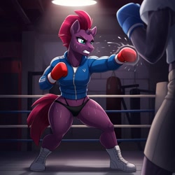 Size: 1024x1024 | Tagged: safe, imported from derpibooru, fizzlepop berrytwist, tempest shadow, anthro, plantigrade anthro, unicorn, ai content, ai generated, bikini, bikini bottom, boxing, boxing gloves, boxing ring, clothes, female, generator:google imagen 3.0, gritted teeth, gym, horn, jacket, muscles, muscular female, offscreen character, prompter:zerowinger, punch, sparring, sports, sweat, sweating profusely, swimsuit, teeth, temple shadow, track jacket, workout