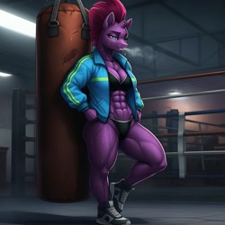 Size: 1024x1024 | Tagged: safe, imported from derpibooru, fizzlepop berrytwist, tempest shadow, anthro, plantigrade anthro, unicorn, abs, ai content, ai generated, bikini, boxing ring, breasts, breath, breathing heavily, broken horn, clothes, exhausted, female, generator:google imagen 3.0, gym, hand on hip, horn, jacket, muscles, muscular female, prompter:zerowinger, punching bag, resting, shoes, sneakers, solo, swearing, sweat, sweating profusely, swimsuit, temple shadow, track jacket, vulgar