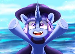 Size: 1920x1383 | Tagged: safe, artist:jphyperx, imported from derpibooru, oc, oc only, oc:flawless sparklemoon, pony, unicorn, cloak, clothes, fangs, female, fusion, fusion:trixie, fusion:twilight sparkle, fusion:twixie, hat, horn, my little pony the movie: the death of twilight sparkle, ocean, questionable source, raised hoof, solo, starry eyes, stars, sweat, sweatdrop, teeth, top hat, water, wingding eyes, yelling