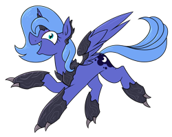 Size: 1564x1249 | Tagged: safe, artist:moonatik, imported from derpibooru, princess luna, alicorn, original species, timber pony, timber wolf, clothes, costume, cute, cute little fangs, eyeshadow, fangs, female, filly, filly luna, makeup, mlp fim's fourteenth anniversary, s1 luna, simple background, smiling, solo, species swap, transparent background, woona, younger