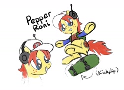 Size: 1290x942 | Tagged: safe, artist:aprilfools, oc, oc:pepper roni, earth pony, pony, backpack, baseball cap, cap, colored sketch, female, hat, headphones, lego island, lego island 2, mare, pepper roni, reference, skateboard, skating, sketch, solo, video game reference