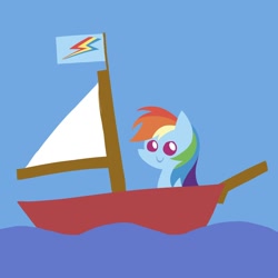 Size: 1424x1424 | Tagged: safe, artist:aprilfools, rainbow dash, pegasus, blue background, boat, colored, female, flag, flat colors, mare, minimalist, modern art, ocean, sailing, sailing boat, simple background, solo, wave