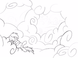 Size: 4096x3072 | Tagged: safe, artist:aprilfools, rainbow dash, pegasus, pony, cloudscape, female, mare, missing cutie mark, monochrome, relaxing, sketch, sky, sleeping, sleeping on a cloud, solo, sun, unfinished art, wip