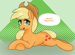 Size: 2028x1484 | Tagged: safe, artist:marbatra, imported from derpibooru, applejack, earth pony, pony, butt freckles, female, freckles, good morning, hat, heart, looking at you, lying down, mare, prone, simple background, talking to viewer