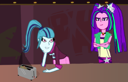 Size: 845x544 | Tagged: safe, artist:the spectres, derpibooru exclusive, imported from derpibooru, aria blaze, sonata dusk, human, equestria girls, crossed arms, disguise, disguised siren, duo, duo female, female, jewelry, leaning on table, looking at each other, looking at someone, pendant, rainbow rocks 10th anniversary, smiling, smiling at each other, taco tuesday, toaster