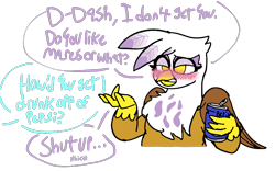 Size: 1032x642 | Tagged: safe, artist:feenadot, imported from derpibooru, gilda, griffon, pegasus, pony, alcohol, bepis, blush lines, blushing, cross-eyed, dialogue, drink, drunk, drunk gilda, female, hiccup, implied lesbian, implied rainbow dash, looking at someone, looking offscreen, pepsi, simple background, soda, soda can, transparent background, wings