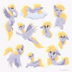 Size: 2048x2048 | Tagged: safe, artist:scheadar, imported from derpibooru, derpy hooves, pegasus, pony, cloud, eye clipping through hair, eyebrows, eyebrows visible through hair, female, flying, lying down, mare, on a cloud, prone, simple background, sleeping, solo, white background