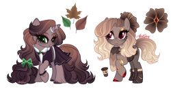 Size: 1280x665 | Tagged: safe, artist:afterglory, imported from derpibooru, oc, oc only, pony, unicorn, adoptable, adoptable open, alternate versions at source, auction open, base used, boots, bow, bracelet, brooch, brown coat, brown eyeshadow, brown mane, brown tail, clothes, colored pupils, dress, duo, duo female, eyeshadow, facing you, female, female oc, flower, flower in hair, gradient mane, gradient tail, green bow, green eyes, green pupils, hair accessory, hair bow, hoof boots, hoof polish, horn, horn jewelry, horn ring, jewelry, long mane, long tail, looking away, looking down, makeup, mane accessory, mare, mare oc, neckerchief, raised hoof, red eyes, red hooves, red pupils, ring, scarf, shiny hooves, shoes, simple background, smiling, sparkly eyeshadow, sparkly mane, sparkly tail, standing on three hooves, striped mane, striped tail, tail, thick eyelashes, three quarter view, transparent background, unicorn horn, unshorn fetlocks, wall of tags, wristband