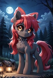 Size: 800x1169 | Tagged: safe, imported from derpibooru, apple bloom, earth pony, pony, undead, zombie, zombie pony, story of the blanks, ai content, ai generated, apple bloom's bow, black sclera, blanked apple bloom, bow, chest fluff, collar, eye scar, facial scar, female, forest, full moon, generator:pony diffusion v6 xl, generator:stable diffusion, hair bow, lantern, mare, moon, nature, night, outdoors, prompter:gregorymars, scar, solo, spiked collar, tree