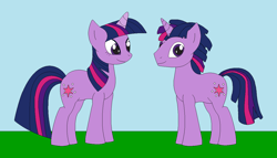 Size: 1246x713 | Tagged: safe, artist:marybethemberjoy49-1, imported from derpibooru, twilight sparkle, pony, unicorn, duo, dusk shine, female, horn, male, outdoors, r63 paradox, rule 63, unicorn twilight