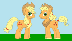 Size: 1246x713 | Tagged: safe, artist:marybethemberjoy49-1, imported from derpibooru, applejack, earth pony, pony, applejack (male), applejack's hat, cowboy hat, duo, female, hat, male, outdoors, r63 paradox, rule 63