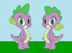 Size: 745x550 | Tagged: safe, artist:marybethemberjoy49-1, imported from derpibooru, spike, dragon, barb, dragoness, duo, female, male, outdoors, r63 paradox, rule 63