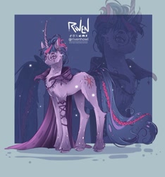 Size: 1000x1067 | Tagged: safe, artist:rivenhowl, imported from derpibooru, twilight sparkle, pony, unicorn, alternate design, cape, cheek fluff, clothes, cloven hooves, curved horn, ear piercing, earring, female, glasses, hock fluff, horn, jewelry, long horn, mare, passepartout, piercing, round glasses, signature, solo, unicorn twilight, unshorn fetlocks, zoom layer