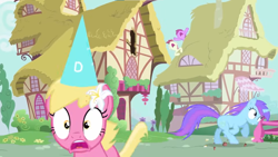 Size: 1366x768 | Tagged: safe, imported from derpibooru, screencap, berry punch, berryshine, lily, lily valley, orchid dew, roseluck, earth pony, pony, unicorn, hearts and hooves day (episode), female, hat, horn, mare, nose in the air, party hat, ponyville, running