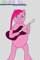 Size: 1200x1800 | Tagged: safe, artist:badluck dice, imported from derpibooru, pinkie pie, earth pony, pony, anniversary, bipedal, female, guitar, mare, musical instrument, pinkamena diane pie, rainbow rocks 10th anniversary, solo