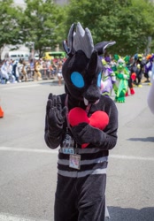 Size: 1115x1600 | Tagged: safe, artist:blue_wolf_studios, imported from derpibooru, oc, oc:rad, changeling, 2019, anthrocon, changeling oc, clothes, cosplay, costume, furry, fursuit, heart, irl, outdoors, photo, solo focus