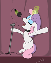 Size: 866x1080 | Tagged: safe, artist:soccy, imported from derpibooru, sweetie belle, pony, unicorn, arms wide open, choker, eyes closed, eyeshadow, female, glowing, glowing horn, horn, levitation, magic, magic aura, makeup, microphone, microphone stand, missing cutie mark, older, older sweetie belle, open mouth, rainbow rocks 10th anniversary, signature, singing, solo, solo female, spiked choker, telekinesis