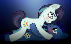 Size: 2720x1700 | Tagged: safe, artist:starless, derpibooru exclusive, imported from derpibooru, coloratura, oc, oc:starless, earth pony, blushing, canon x oc, female, looking at each other, looking at someone, male, mare, rarastar, shipping, stallion, straight