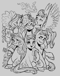 Size: 2160x2700 | Tagged: safe, artist:twillow, imported from derpibooru, hitch trailblazer, izzy moonbow, pipp petals, sunny starscout, zipp storm, earth pony, pegasus, pony, unicorn, applejack (g5), female, fluttershy (g5), g5, group photo, horn, lineart, male, mane five, mane six (g5), mare, misty brightdawn, pinkie pie (g5), rainbow dash (g5), rarity (g5), stallion, twilight sparkle (g5), unitober 2024