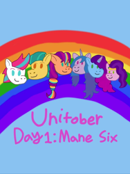 Size: 1080x1433 | Tagged: safe, artist:shucku, imported from derpibooru, hitch trailblazer, izzy moonbow, pipp petals, sunny starscout, zipp storm, earth pony, pegasus, pony, unicorn, applejack (g5), blue background, caption, female, fluttershy (g5), g5, horn, male, mane five, mane six (g5), mane stripe sunny, mare, misty brightdawn, pinkie pie (g5), rainbow, rainbow dash (g5), rarity (g5), rebirth misty, simple background, stallion, text, twilight sparkle (g5), unitober 2024