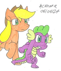 Size: 872x1025 | Tagged: safe, artist:cmara, imported from derpibooru, applejack, spike, dragon, earth pony, female, male, simple background, white background