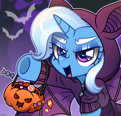 Size: 2100x2000 | Tagged: safe, artist:scarffist, derpibooru exclusive, imported from derpibooru, trixie, bat, pony, unicorn, base used, bat wings, bucket, candy, clothes, costume, cute, diatrixes, eyeshadow, female, food, halloween, halloween costume, happy, holiday, horn, jack-o-lantern, makeup, open mouth, pink eyes, pumpkin, short hair, short mane, solo, solo female, spread wings, sweat, trick or treat, wings