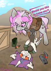 Size: 1440x1995 | Tagged: safe, artist:spoopy-abby, imported from derpibooru, oc, oc:hired gun, fallout equestria, fallout equestria: heroes, fanfic art, gun, pinned, pinned down, raider, weapon