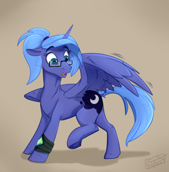 Size: 1886x1921 | Tagged: safe, artist:rutkotka, imported from derpibooru, princess luna, alicorn, pony, alternate hairstyle, bracelet, butt, commission, crystal, female, glasses, hairband, jewelry, leg wraps, looking at something, mare, moonbutt, motion lines, one wing out, open mouth, plot, ponytail, raised leg, s1 luna, simple background, solo, surprised, tan background, wings, younger