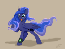 Size: 2719x2093 | Tagged: safe, artist:rutkotka, imported from derpibooru, princess luna, alicorn, pony, butt, commission, crystal, ethereal mane, ethereal tail, female, glasses, hairband, happy, hoof in mane, leg wraps, mare, older, open mouth, raised leg, simple background, solo, starry mane, starry tail, tail, tan background, wings