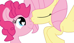 Size: 1024x600 | Tagged: safe, artist:jadeharmony, imported from derpibooru, fluttershy, pinkie pie, earth pony, pegasus, pony, base used, cute, daaaaaaaaaaaw, diapinkes, duo, eyes closed, female, flutterpie, flying, heart, heart eyes, heartwarming, kiss, kissing, lesbian, mare, nose kiss, shipping, shyabetes, smiling, spread wings, wholesome, wingding eyes, wings