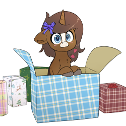 Size: 3000x3000 | Tagged: safe, artist:fluffyxai, imported from derpibooru, oc, oc only, oc:strawberry cocoa, pony, unicorn, box, commission, hearth's warming, horn, looking at you, pony in a box, present, solo, unicorn oc, your character here