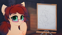 Size: 8496x4800 | Tagged: safe, artist:ponybun341, imported from derpibooru, oc, oc only, oc:dream weaver, anthro, pony, blushing, bust, canvas, chest fluff, drawing, easel, eyebrows, eyebrows visible through hair, furry, glasses, heart, heart eyes, hoof on chin, looking at you, pencil, portrait, sketch, wingding eyes