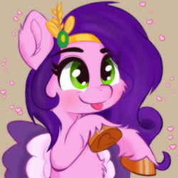 Size: 1500x1500 | Tagged: safe, artist:psfmer, imported from derpibooru, pipp petals, pegasus, pony, :p, adorapipp, blushing, cheek fluff, chest fluff, cute, diadem, ear fluff, female, g5, heart, hoof heart, jewelry, mare, regalia, silly, silly pony, smiling, solo, tongue out, underhoof, unshorn fetlocks