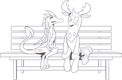 Size: 1254x827 | Tagged: safe, artist:nauyaco, imported from derpibooru, princess ember, thorax, changedling, changeling, dragon, bench, embrax, female, king thorax, male, monochrome, shipping, straight