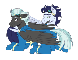 Size: 2600x2000 | Tagged: safe, artist:monnarcha, imported from derpibooru, soarin', thunderlane, pony, clothes, gay, grooming, lying down, male, preening, prone, shipping, simple background, soarilane, transparent background, uniform, wings, wonderbolts uniform