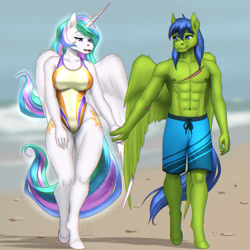 Size: 4000x4000 | Tagged: safe, artist:mykegreywolf, imported from derpibooru, princess celestia, oc, oc:rally flag, anthro, equestria girls, beach, board shorts, canon x oc, clothes, female, holding hands, male, one-piece swimsuit, principal celestia, rallylestia, shipping, straight, swimsuit