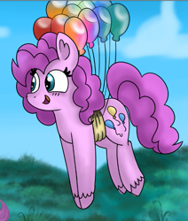 Size: 501x591 | Tagged: safe, artist:mashee, imported from derpibooru, pinkie pie, earth pony, pony, adorable face, balloon, balloon riding, blue sky, blush lines, blushing, cloud, colored, cute, floating, grass, happy, lineart, original art, original style, then watch her balloons lift her up to the sky