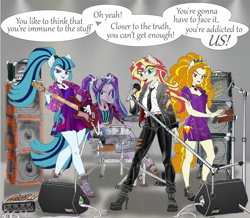 Size: 3000x2619 | Tagged: safe, artist:ciaran, derpibooru exclusive, imported from derpibooru, adagio dazzle, aria blaze, sonata dusk, sunset shimmer, anthro, pony, siren, equestria girls, amplifier, bass guitar, boots, cable, clothes, dialogue, disguise, disguised, disguised siren, dress, drum kit, drum sticks, drums, electric guitar, electric piano, female, gem, guitar, jewelry, layout, light, lyrics, microphone, musical instrument, my little pony equestria girls: rainbow rocks, necklace, necktie, playing instrument, ponified, pony ears, ponytail, rainbow rocks 10th anniversary, shoes, siren gem, speaker, speech bubble, stage, text