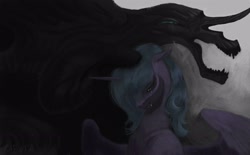 Size: 2900x1800 | Tagged: safe, artist:gaenkars, imported from derpibooru, nightmare moon, princess luna, alicorn, pony, crying, curved horn, duo, female, horn, mare, monster, s1 luna