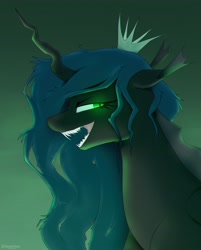 Size: 3301x4096 | Tagged: safe, artist:renderpoint, imported from derpibooru, queen chrysalis, changeling, changeling queen, bust, crown, evil grin, female, glowing, glowing eyes, gradient background, grin, high res, horn, jewelry, open mouth, open smile, regalia, sharp teeth, smiling, solo, teeth