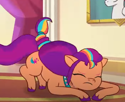 Size: 702x577 | Tagged: safe, imported from derpibooru, screencap, sunny starscout, earth pony, pony, cropped, eyes closed, g5, lying down, my little pony: tell your tale, prone, queens for a day, solo