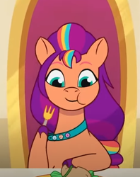 Size: 456x576 | Tagged: safe, imported from derpibooru, screencap, sunny starscout, earth pony, pony, cropped, eating, fork, g5, my little pony: tell your tale, queens for a day, sitting, solo