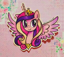 Size: 2681x2399 | Tagged: safe, artist:dariarchangel, imported from derpibooru, princess cadance, alicorn, pony, adorable face, alicorn wings, bust, c:, cadance's crown, colored wings, crown, cute, cute face, cute smile, cutedance, diadem, female, flower, gem, gold jewelry, gradient wings, horn, jewelry, long hair, long horn, long mane, mare, multicolored hair, multicolored mane, one ear down, peytral, pink coat, portrait, princess, purple eyes, regalia, smiling, solo, spread wings, three toned hair, three toned mane, traditional art, unicorn horn, wavy hair, wavy mane, weapons-grade cute, wings