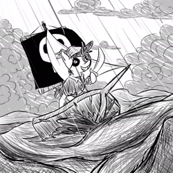 Size: 1920x1920 | Tagged: safe, artist:_butterscotch, imported from derpibooru, pipsqueak, cloud, discover, inktober, inktober 2024, monochrome, ocean, pirate, pirate ship, sword, water, weapon