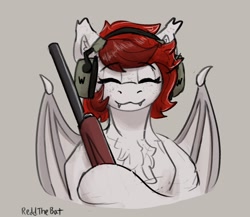 Size: 1592x1384 | Tagged: safe, artist:reddthebat, imported from derpibooru, oc, oc only, oc:reddthebat, bat pony, pony, bat pony oc, bat wings, bust, chest fluff, claws, ear protection, eyes closed, fangs, female, gray background, gun, looking at you, mare, rifle, signature, simple background, smiling, smiling at you, solo, weapon, wing claws, wings