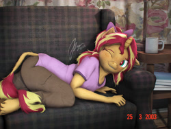 Size: 2880x2160 | Tagged: safe, artist:imafutureguitarhero, imported from derpibooru, sunset shimmer, anthro, classical unicorn, unguligrade anthro, unicorn, 2000s, 3d, 4:3, 4k, alternate hairstyle, arm fluff, arm freckles, blushing, book, bow, cargo pants, cheek fluff, chest fluff, child, chin fluff, chromatic aberration, clothes, cloven hooves, colored eyebrows, colored eyelashes, couch, cup, curtains, cute, daaaaaaaaaaaw, ear fluff, ear freckles, female, filly, filly sunset shimmer, film grain, flash, flash photography, floppy ears, fluffy, fluffy hair, fluffy mane, fluffy tail, foal, freckles, fur, hair bow, hand freckles, high res, hoof fluff, horn, indoors, lamp, leonine tail, looking at camera, looking at you, mare, mug, multicolored hair, multicolored mane, multicolored tail, neck fluff, nose wrinkle, one ear down, one eye closed, paintover, pants, peppered bacon, photo, pink shirt, ponytail, red eye, revamped anthros, revamped ponies, shirt, signature, smiling, smiling at you, solo, source filmmaker, tail, timestamp, unshorn fetlocks, wall of tags, wink, winking at you, younger, younger female